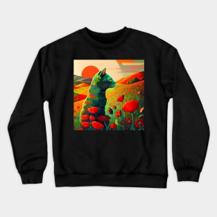 Cat Watching Sunset in a Field of Flowers Crewneck Sweatshirt